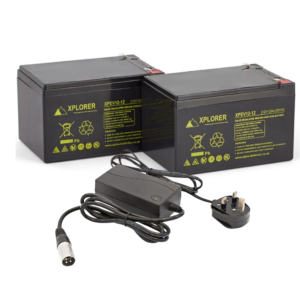 Pair of 12V Xplorer 12AH AGM Mobility Scooter Batteries & Charger Bundle