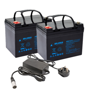 Pair of 12V Xplorer 33AH AGM Mobility Scooter Batteries & Charger Bundle