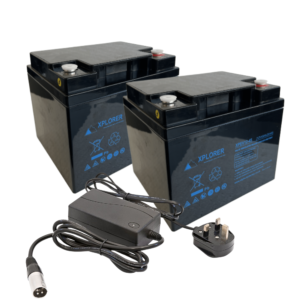 Pair of 12V Xplorer 45AH AGM Mobility Scooter Batteries & Charger Bundle
