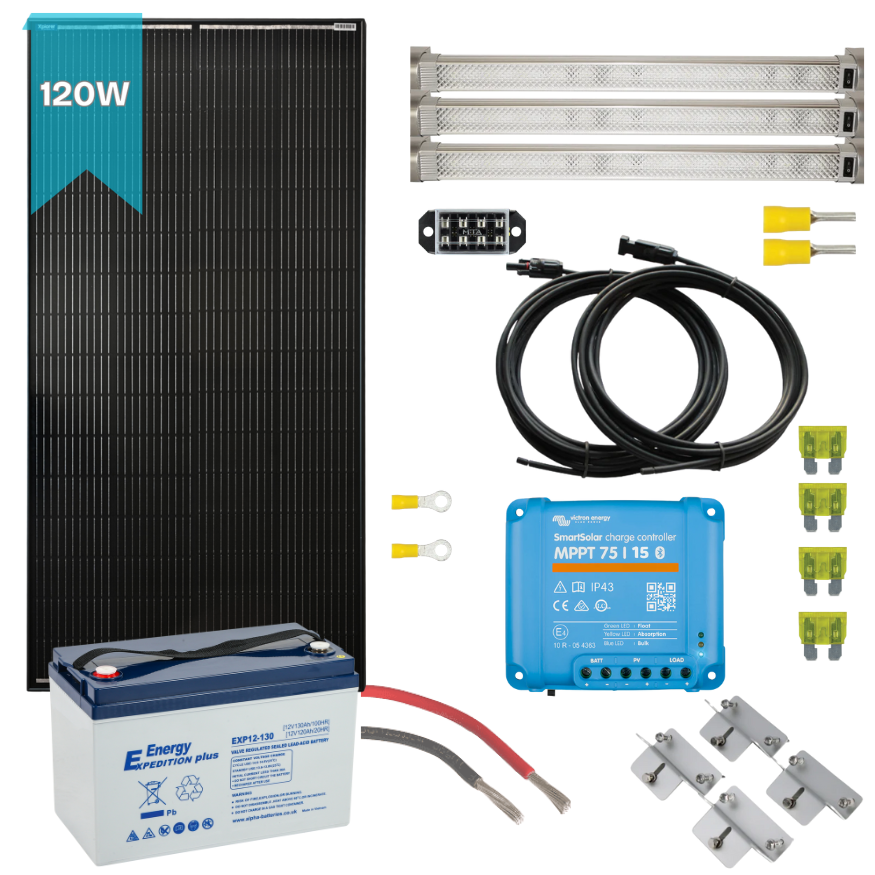 12v Off Grid Shed/Barn/Stable/Cabin LED Interior Lighting Kit With 120W Solar & 130Ah AGM Deep Cycle Battery