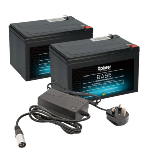 PAIR OF 12V 12AH XPLORER LITHIUM SCOOTER BATTERIES WITH CHARGER BUNDLE